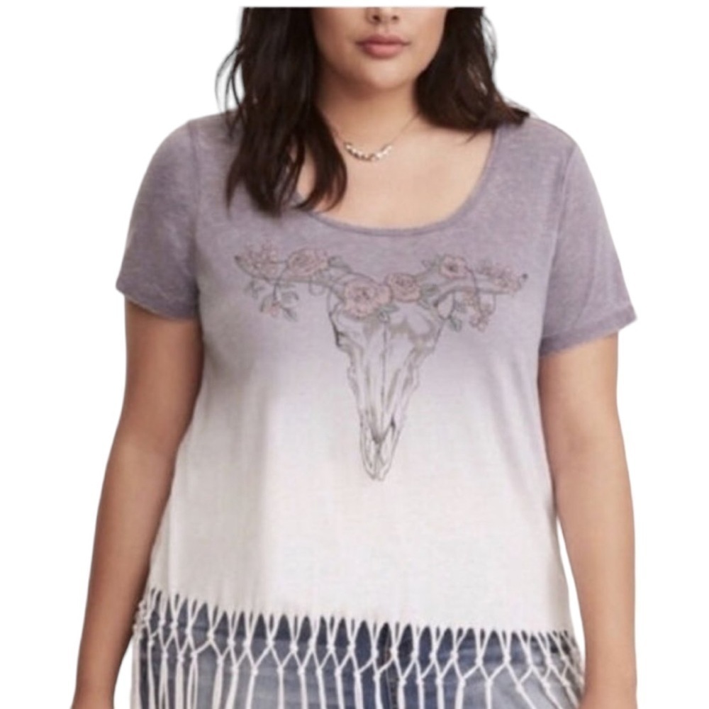 Torrid Floral Cow Skull Fringe Short Sleeve Top
